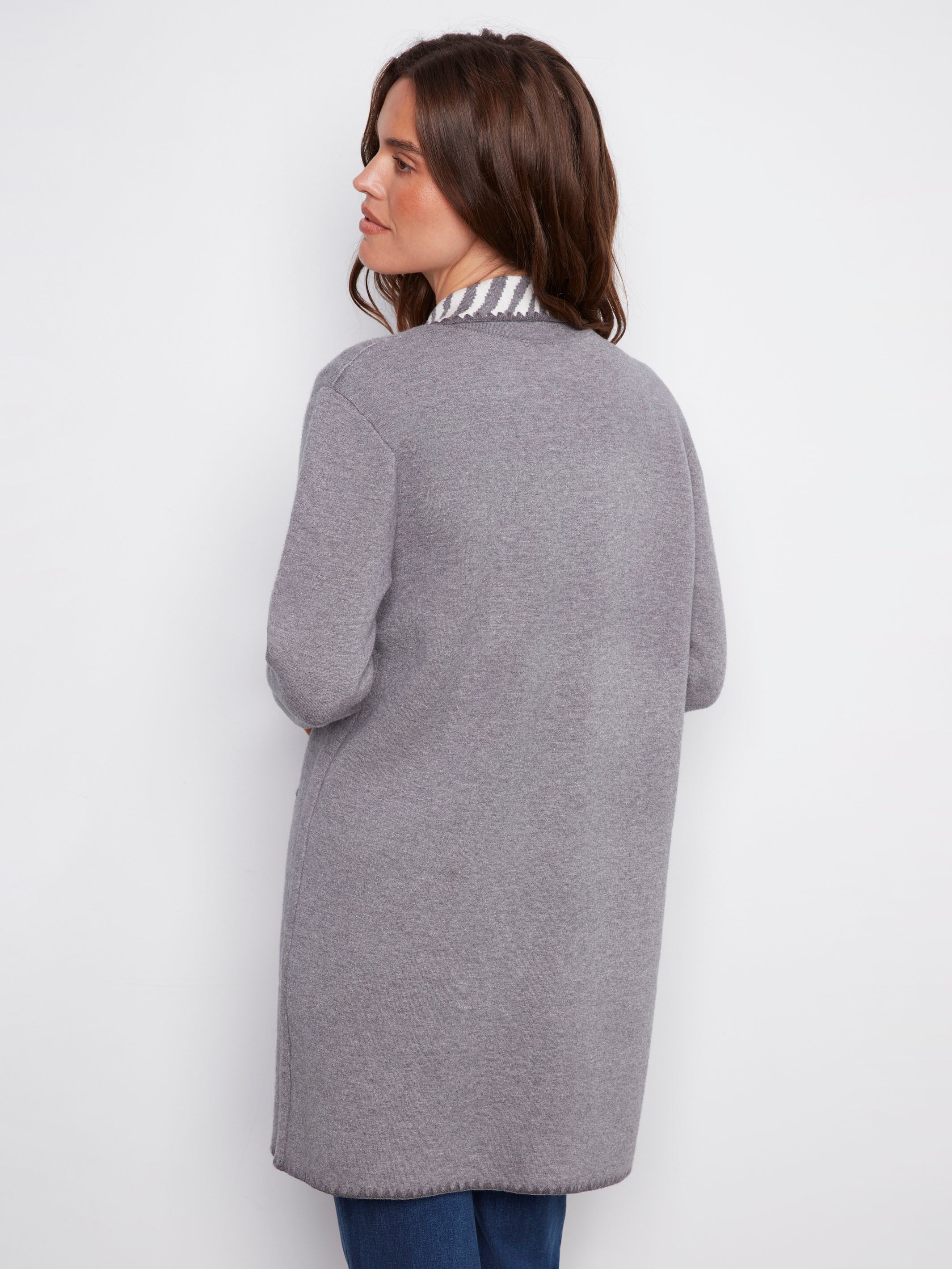 Stylish long cardigan in heather grey with unique contrast interior for added flair by Charlie B.