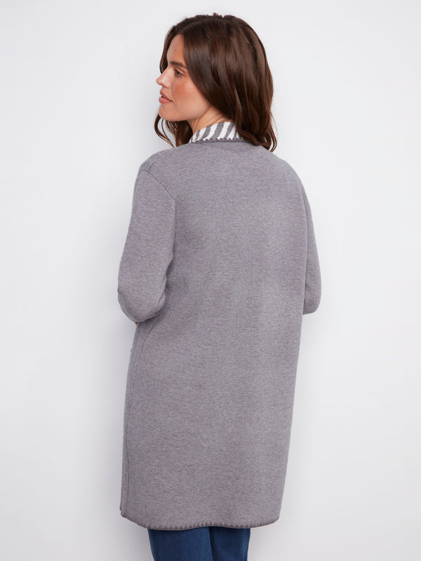 Stylish long cardigan in heather grey with unique contrast interior for added flair by Charlie B.