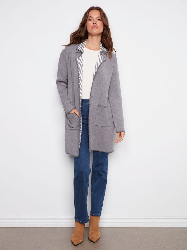 Blanket Stitch Long Cardigan - Heather Grey