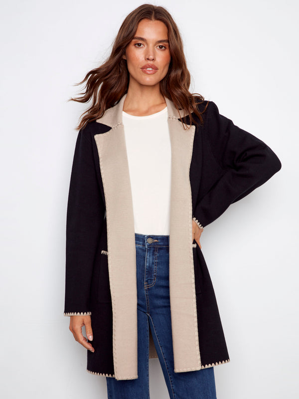 Cardigan long avec point de surjet - Noir