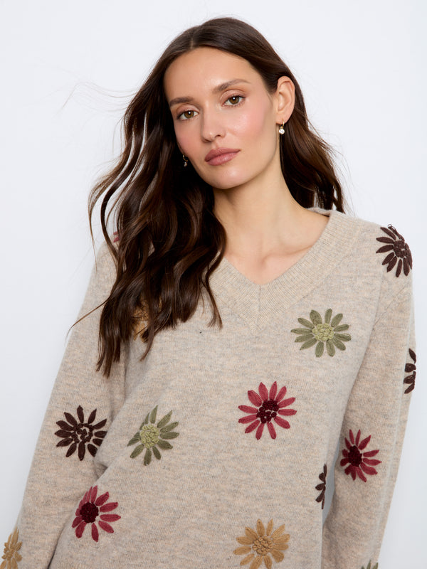 Floral Embroidered V-Neck Sweater - Heather Natural