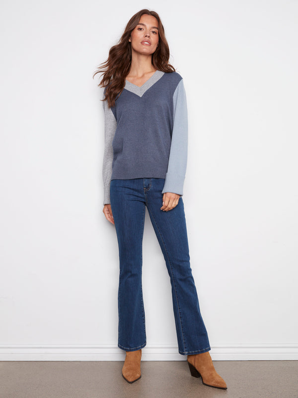 Colorblock V-Neck Sweater - Moonlight