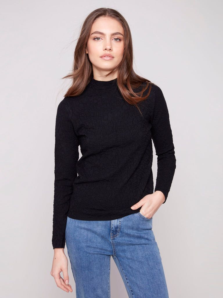 Textured Mock Neck Knit Sweater - Black