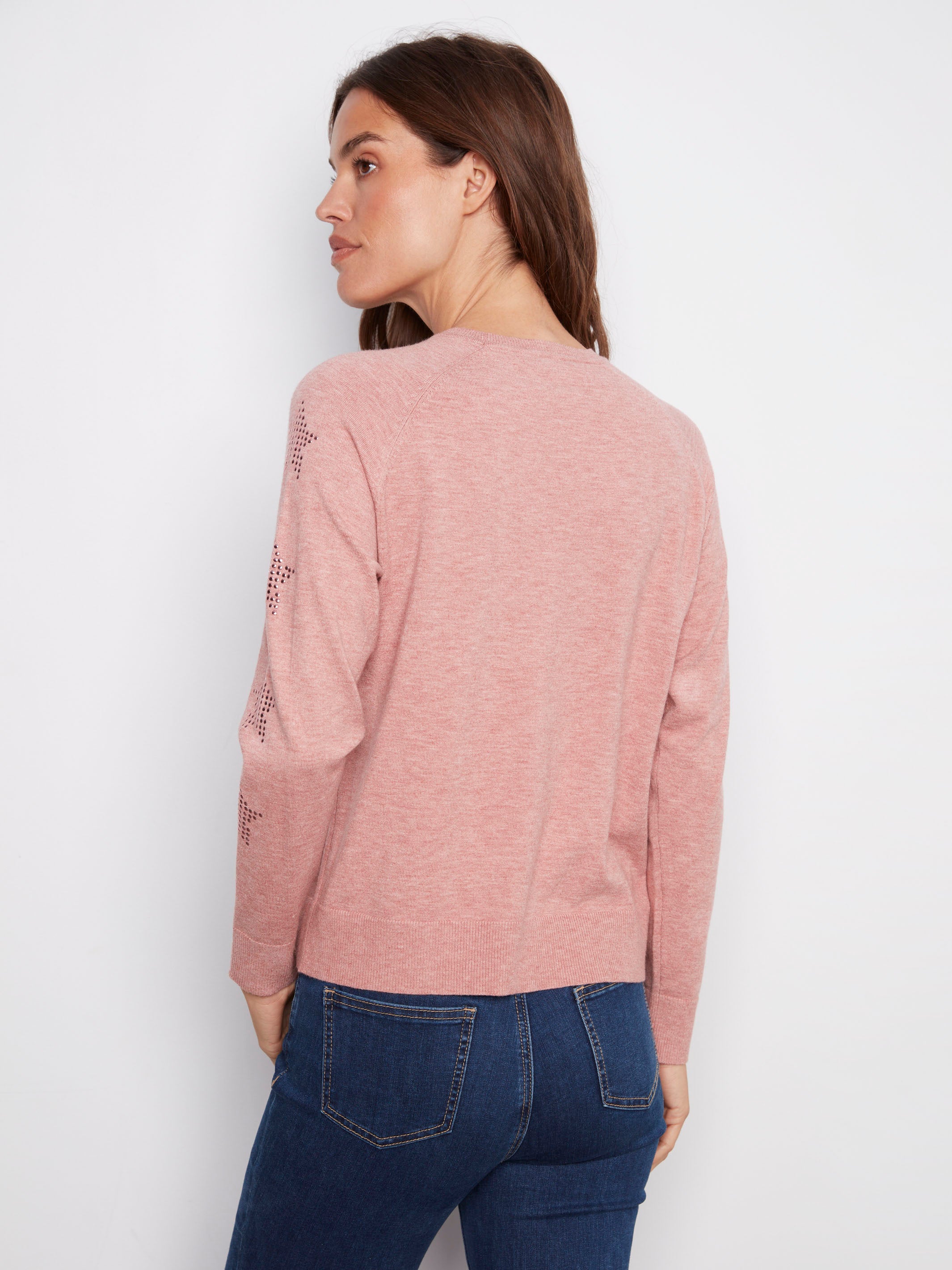 Stylish heather primrose sweater highlighting the crew neck feature, ideal for layering or wearing alone by Charlie B.