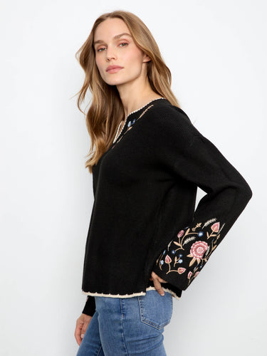 Embroidered black sweater with a stylish ribbed knit texture and notch neck by Charlie B.