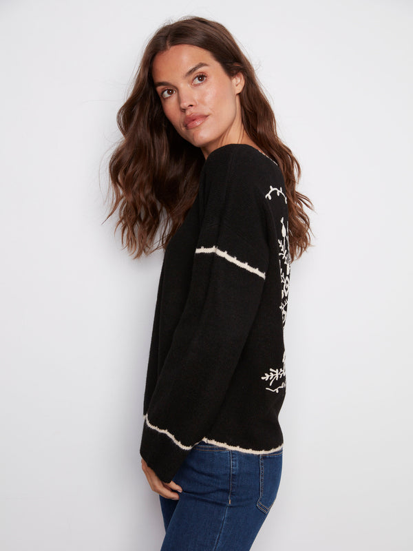 Fashionable black sweater featuring an embroidered back design, perfect for casual outings by Charlie B.