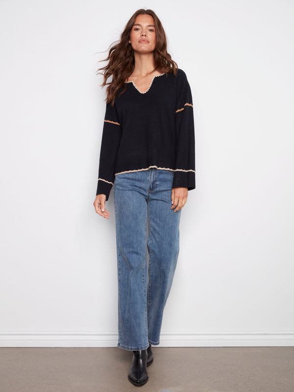 Embroidered Ribbed Sweater With Notch Neck - Navy