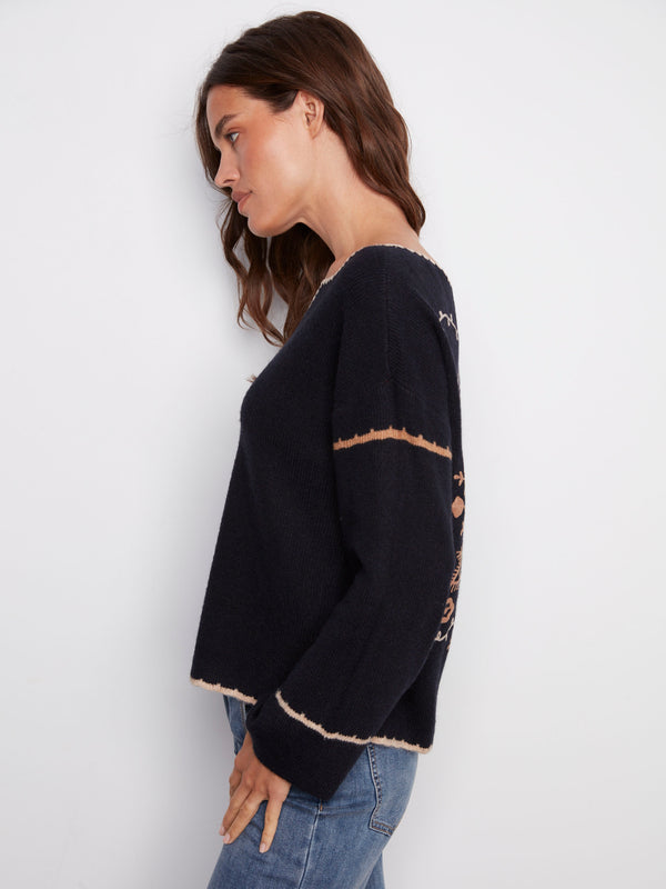 Navy long-sleeve sweater with relaxed fit and stylish ribbed texture, ideal for comfort by Charlie B.