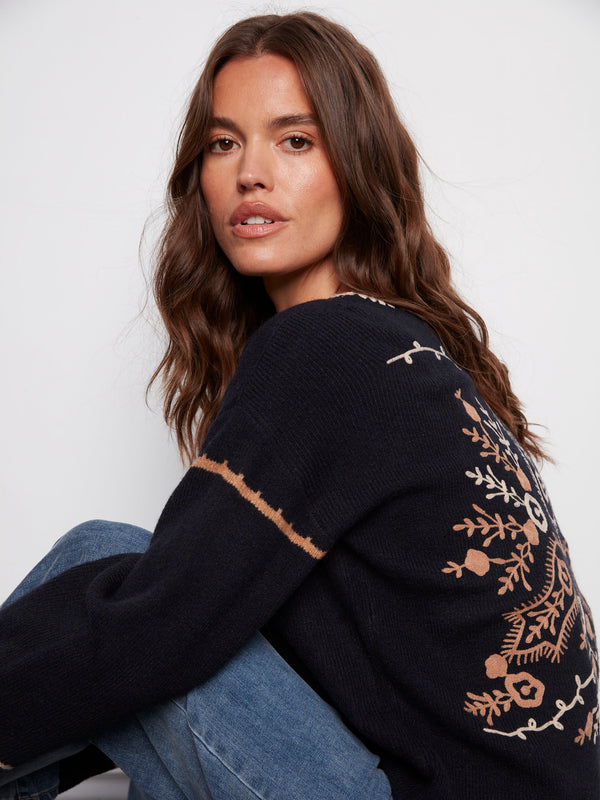 Embroidered Ribbed Sweater With Notch Neck - Navy