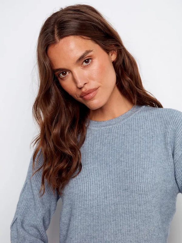 Chandail à col ras du cou avec manches torsadées - Denim Chiné