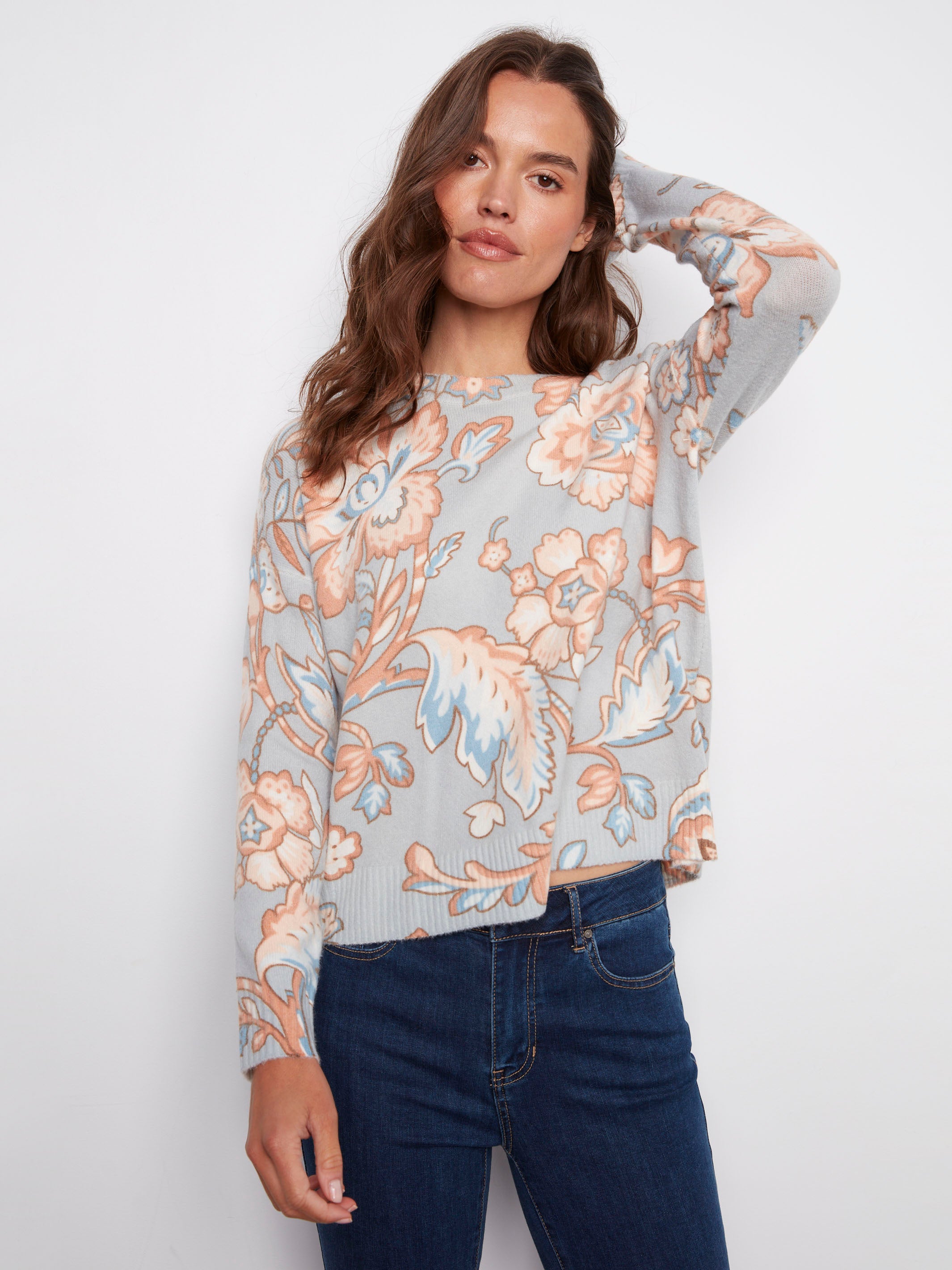 Baroque floral sweater featuring a plush knit design, perfect for cozy days and stylish outings by Charlie B.