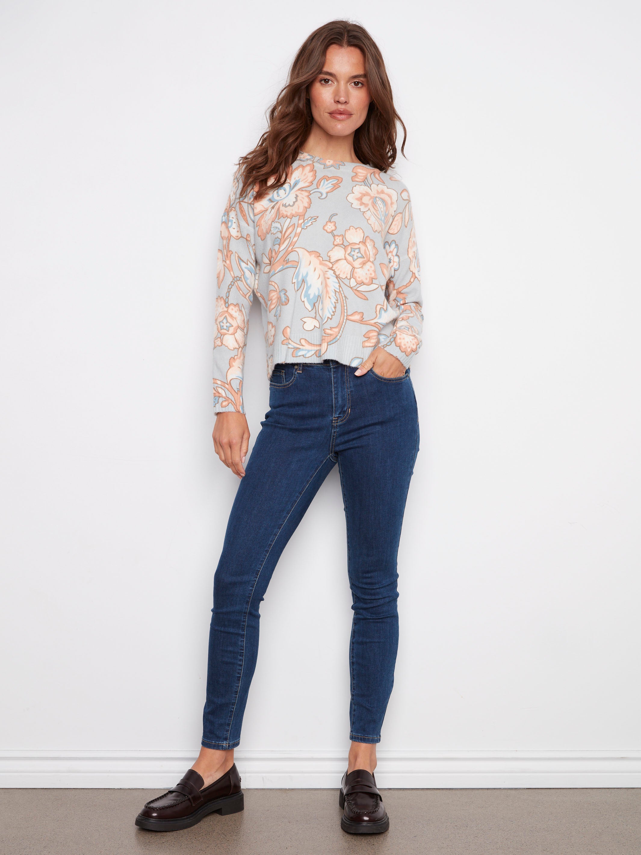 Stylish printed sweater with ribbed cuffs and hem, offering both comfort and chic appeal by Charlie B.