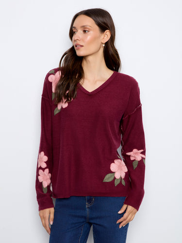 Reversible design sweater in a rich merlot hue with long sleeves, ideal for versatile styling by Charlie B.