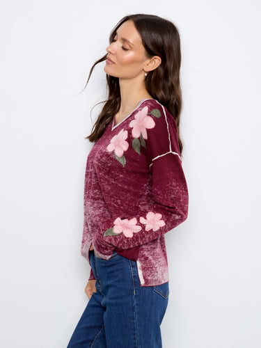 Long sleeve V-neck sweater in cotton blend with elegant floral motifs for a chic look by Charlie B.
