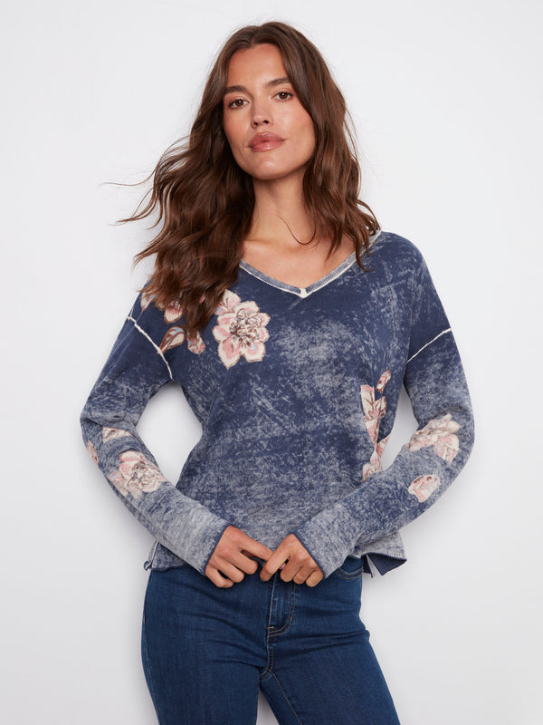 Reversible Floral V-Neck Sweater - Denim
