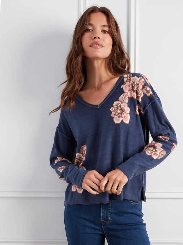 Reversible Floral V-Neck Sweater - Denim