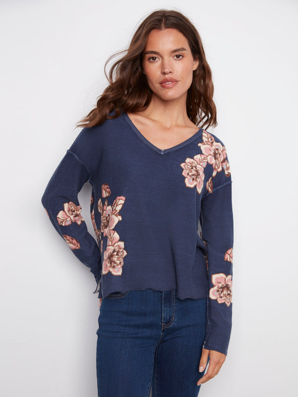 Reversible Floral V-Neck Sweater - Denim