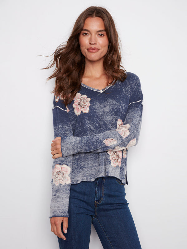 Reversible Floral V-Neck Sweater - Denim