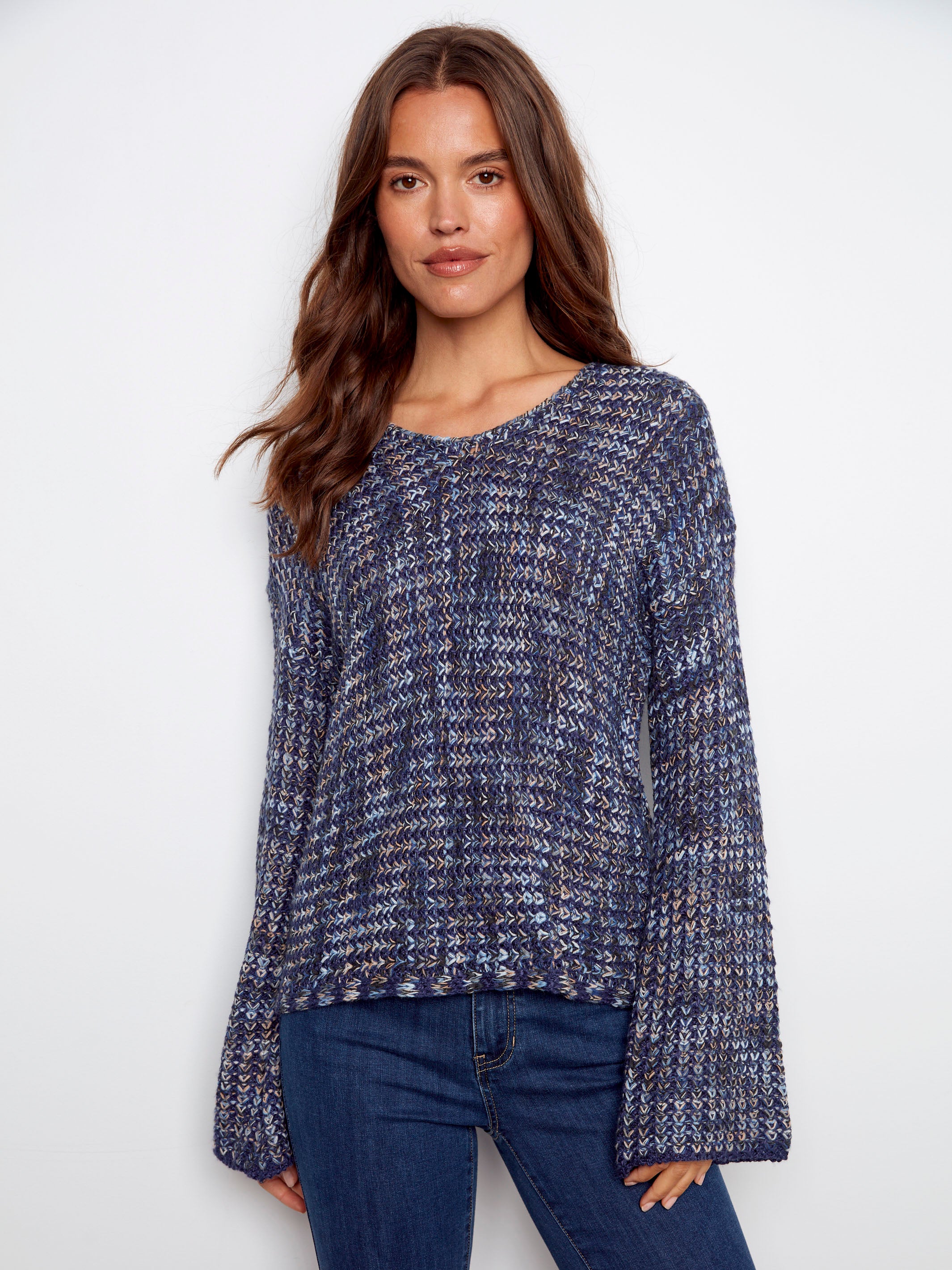 Blue multi-tone crochet sweater featuring a flattering V-neckline, crafted from novelty yarn for a unique look by Charlie B.