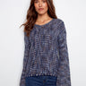 Blue multi-tone crochet sweater featuring a flattering V-neckline, crafted from novelty yarn for a unique look by Charlie B.