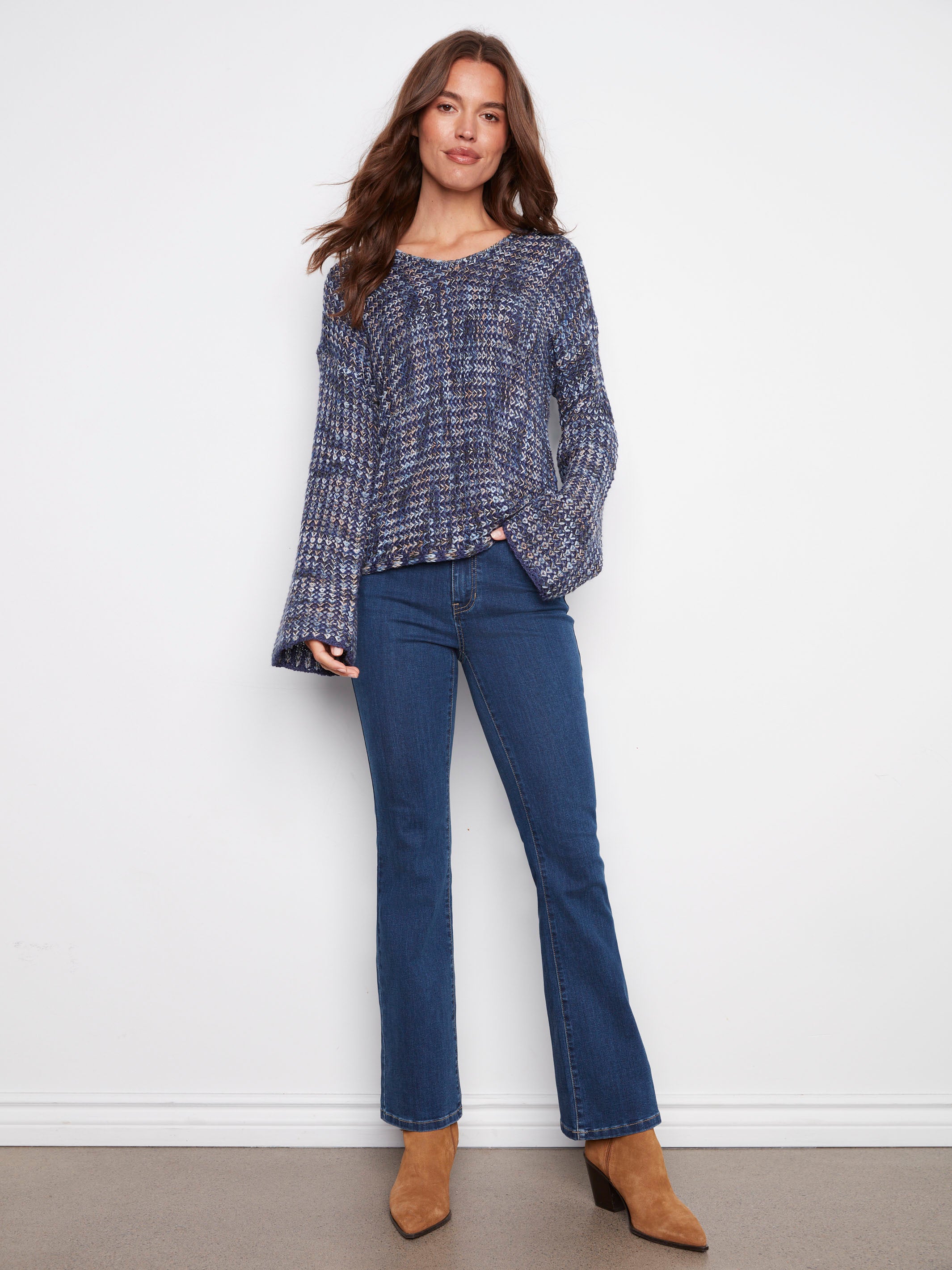 Stylish blue multi-tone sweater with long sleeves, made from crochet novelty yarn, offering comfort and elegance by Charlie B.