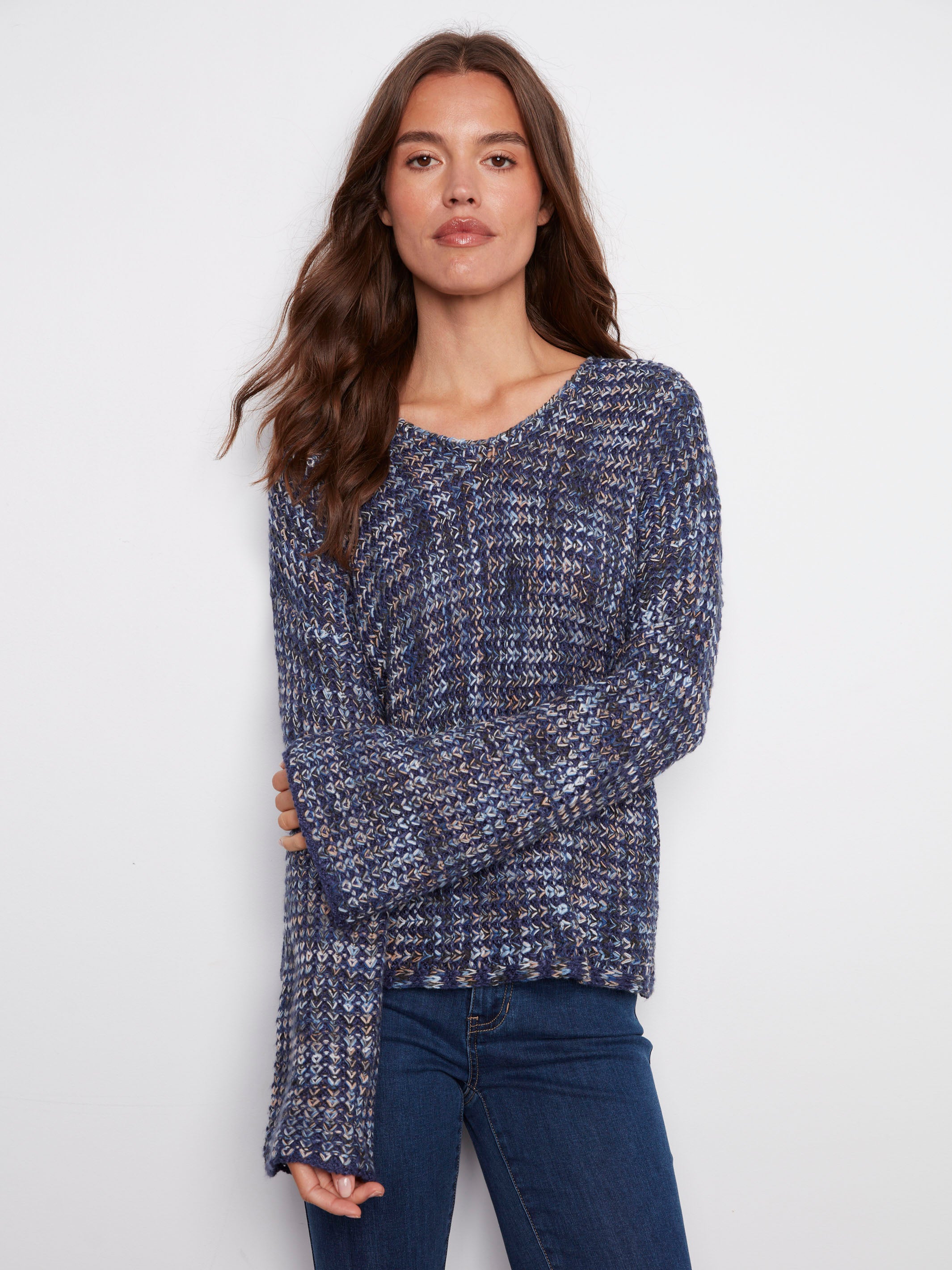 Elegant blue multi-tone crochet sweater showcasing a drop shoulder design, perfect for casual outings by Charlie B.