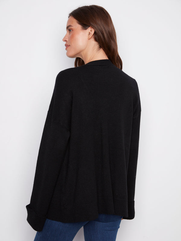 Classic black long-sleeve cardigan boasting an open front design for effortless elegance by Charlie B.