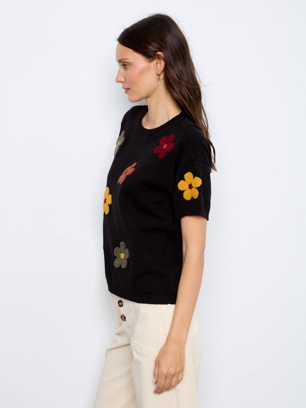 Cotton Floral Embroidered Short Sleeve Sweater - Black