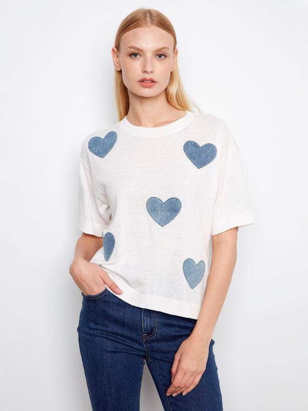 Chandail manches courtes avec cœurs en denim - Coeurs