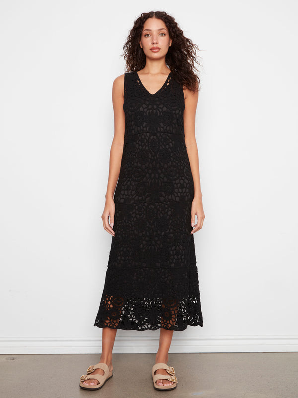 Cotton Crochet Sleeveless Maxi Dress - Black