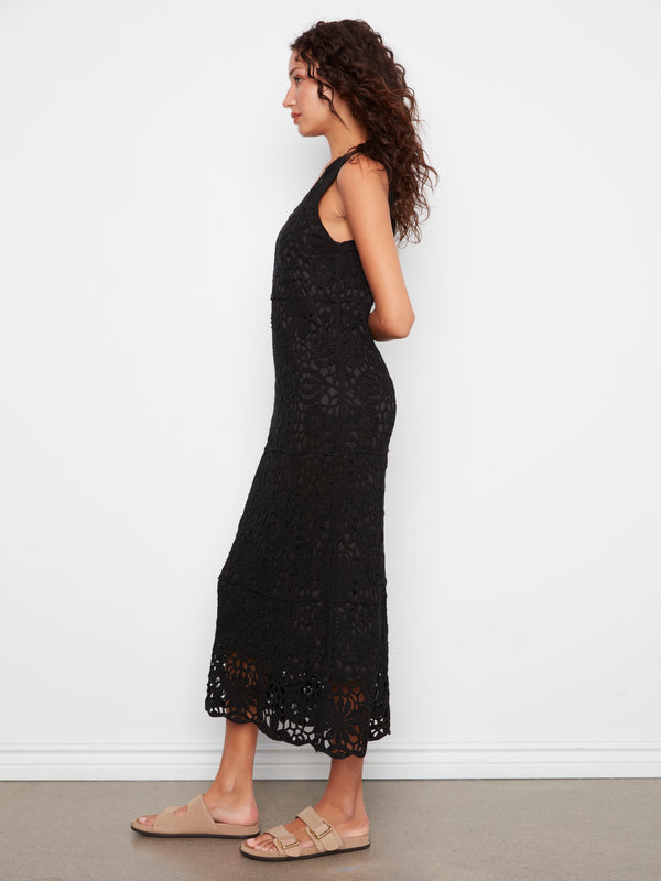 Cotton Crochet Sleeveless Maxi Dress - Black