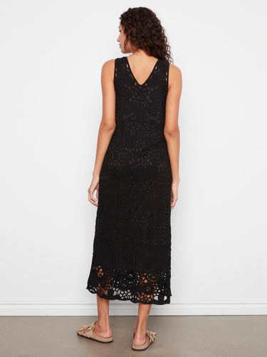 Stunning black maxi dress in a sleeveless style with elegant crochet detailing throughout by Charlie B.