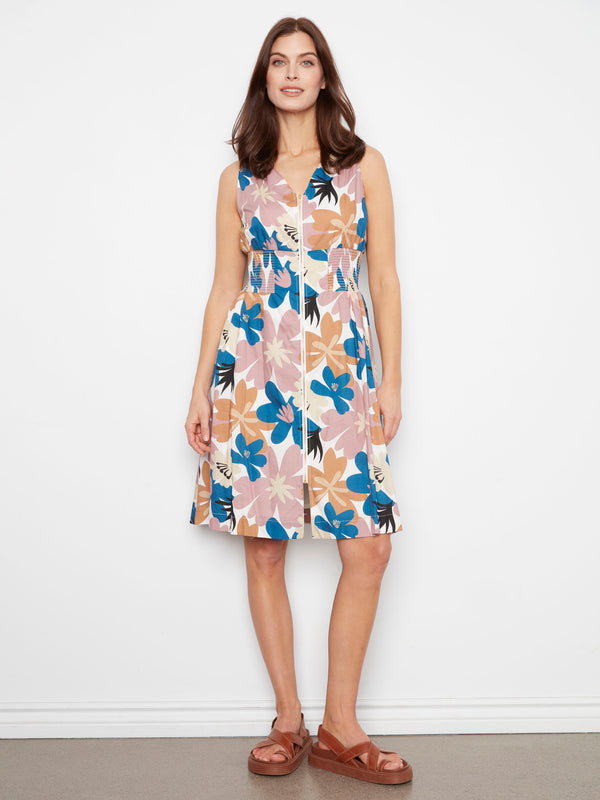 Cotton Voile Printed Front-Zip Dress - Floralis