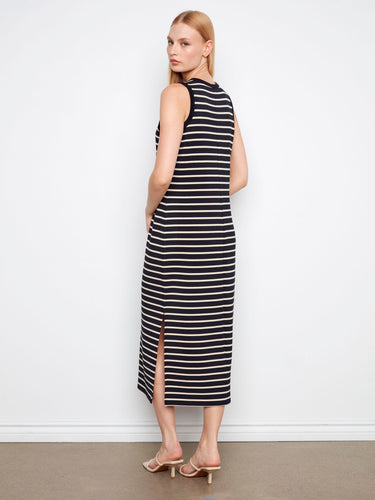 Black sleeveless striped scuba dress in a flattering maxi length and side slits by Charlie B.