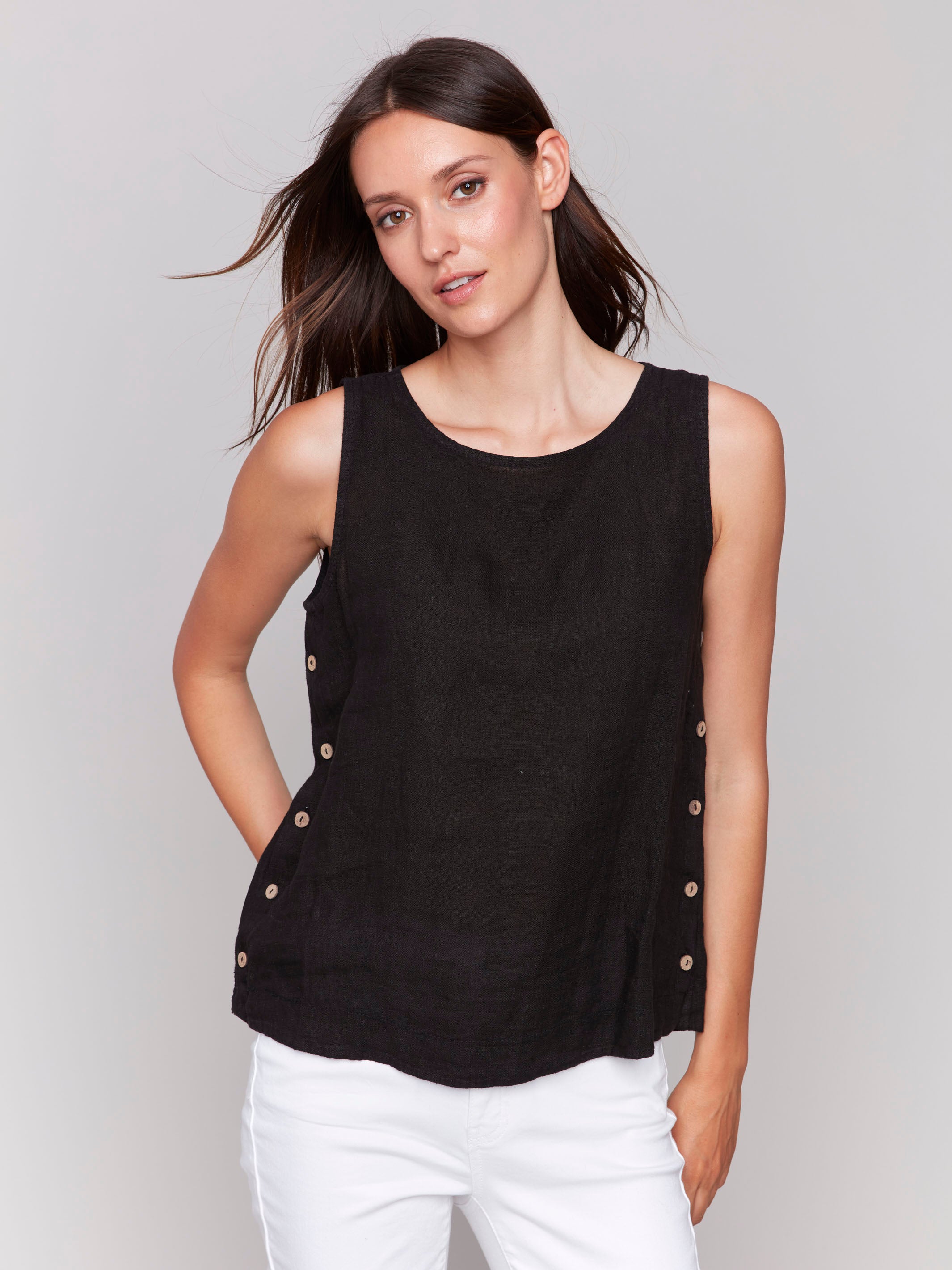 Black linen tank top with a crew neckline by Charlie B.