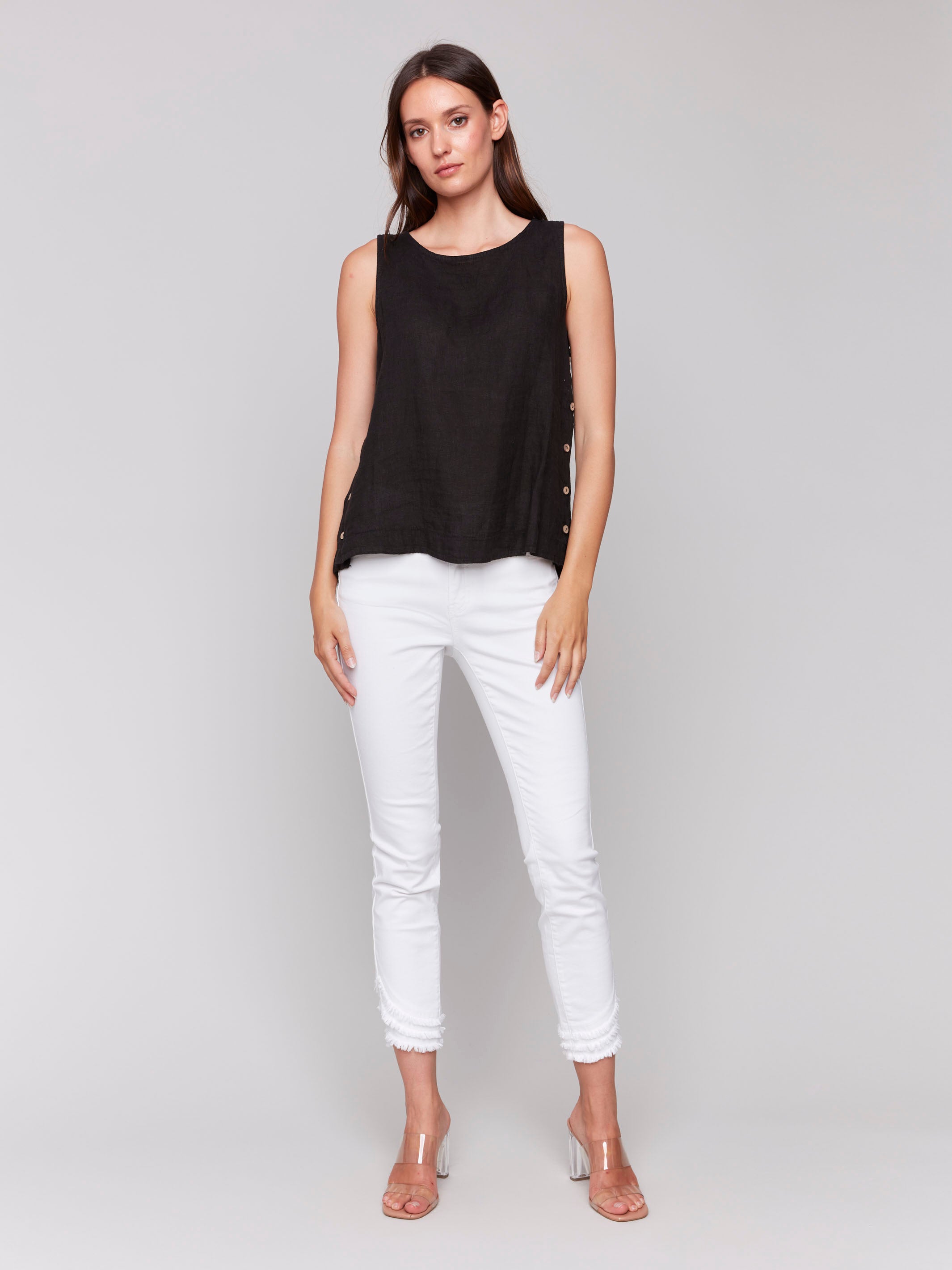 Sleeveless black tank top with elegant design by Charlie B.