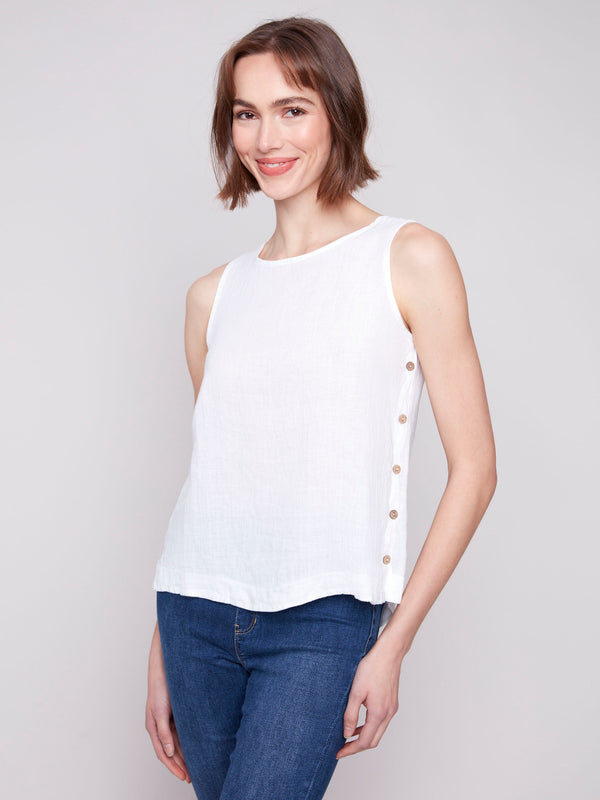 Linen tank top with a crew neckline, featuring a high-low hem by Charlie B.