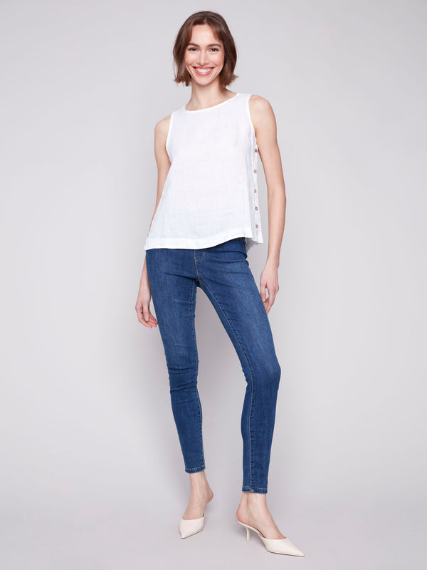 Sleeveless linen tank top with elegant side button detailing by Charlie B.