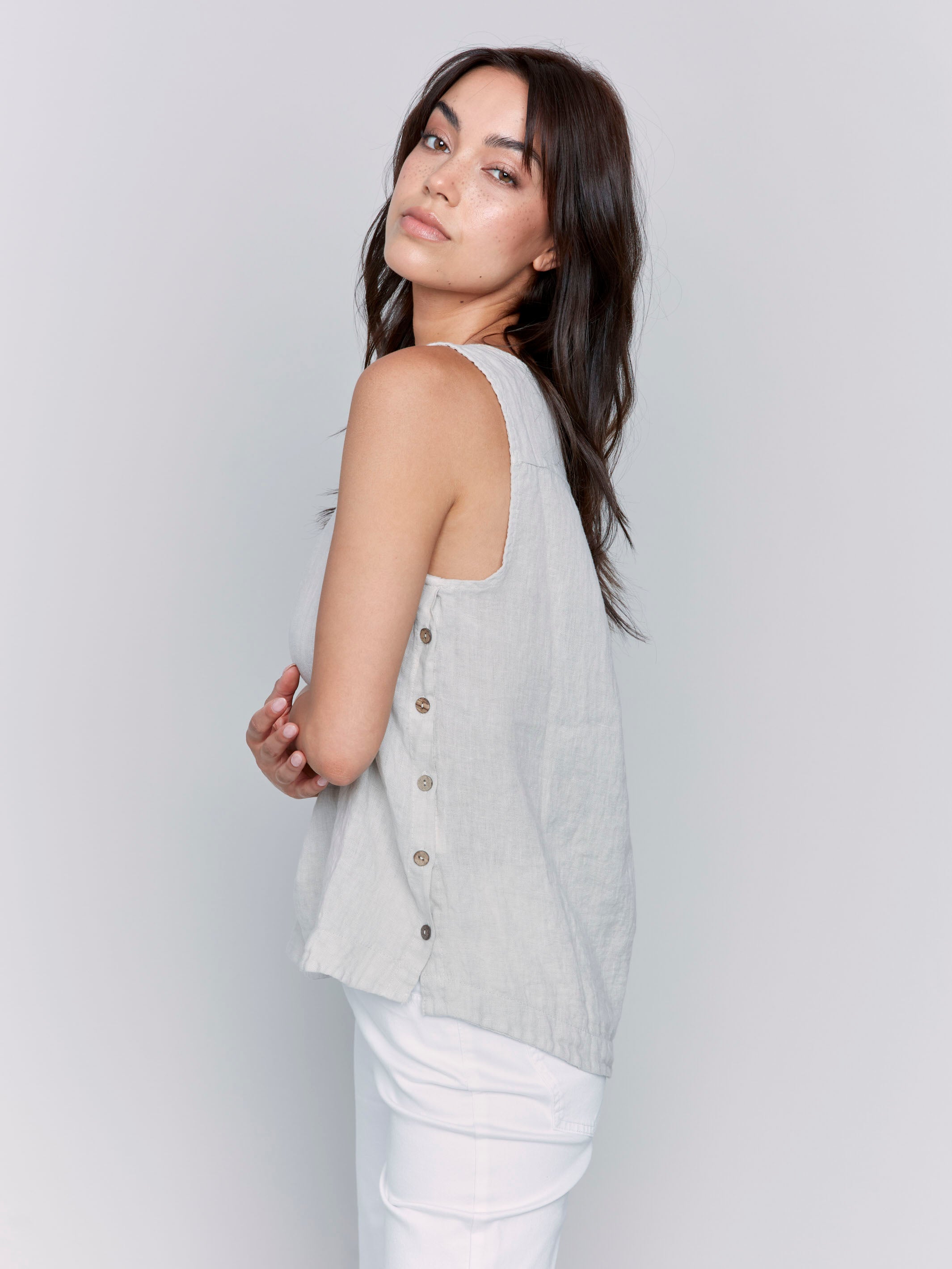 High-low hem linen tank with side buttons by Charlie B.