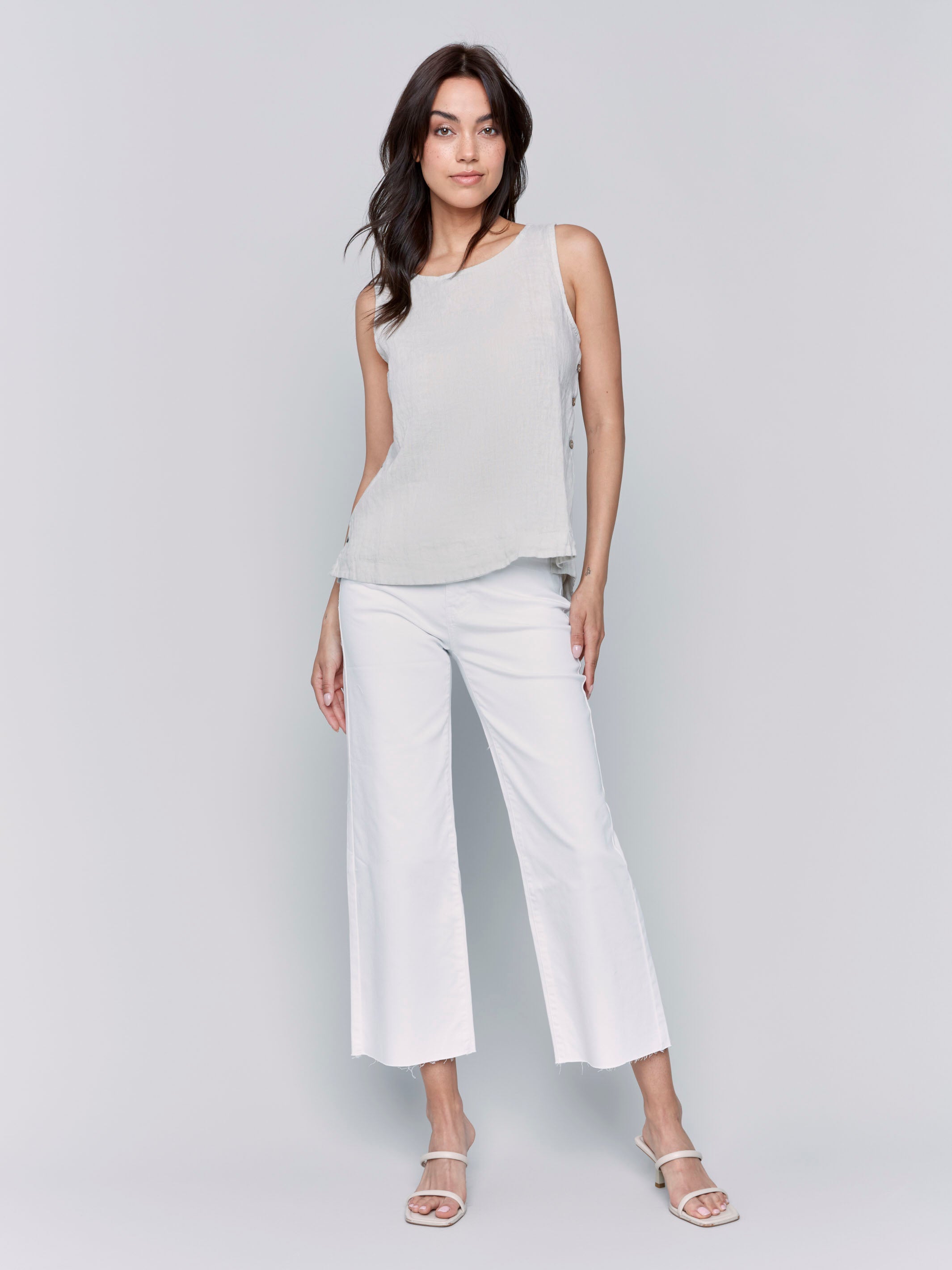 Sleeveless linen top accented with button details by Charlie B.