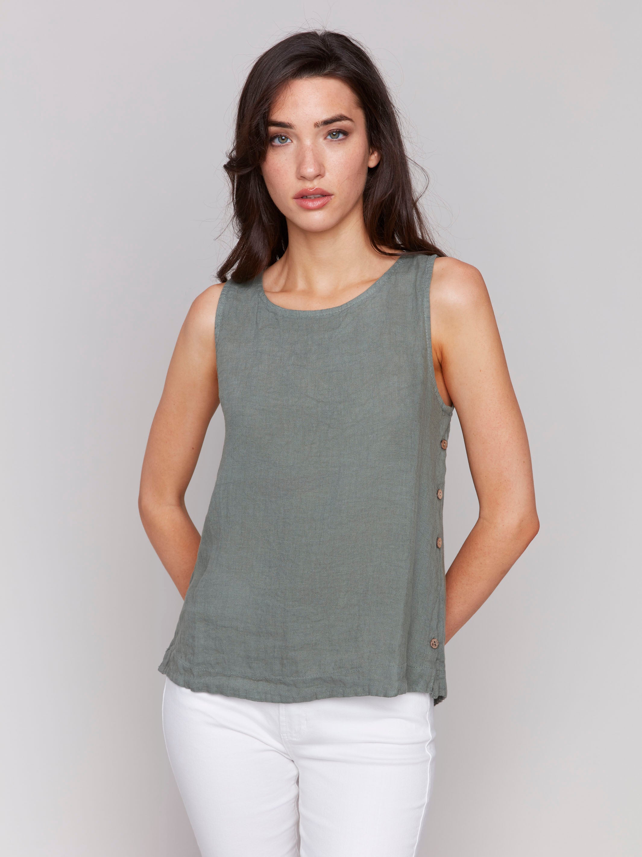 Celadon linen tank top with a high-low hem by Charlie B.