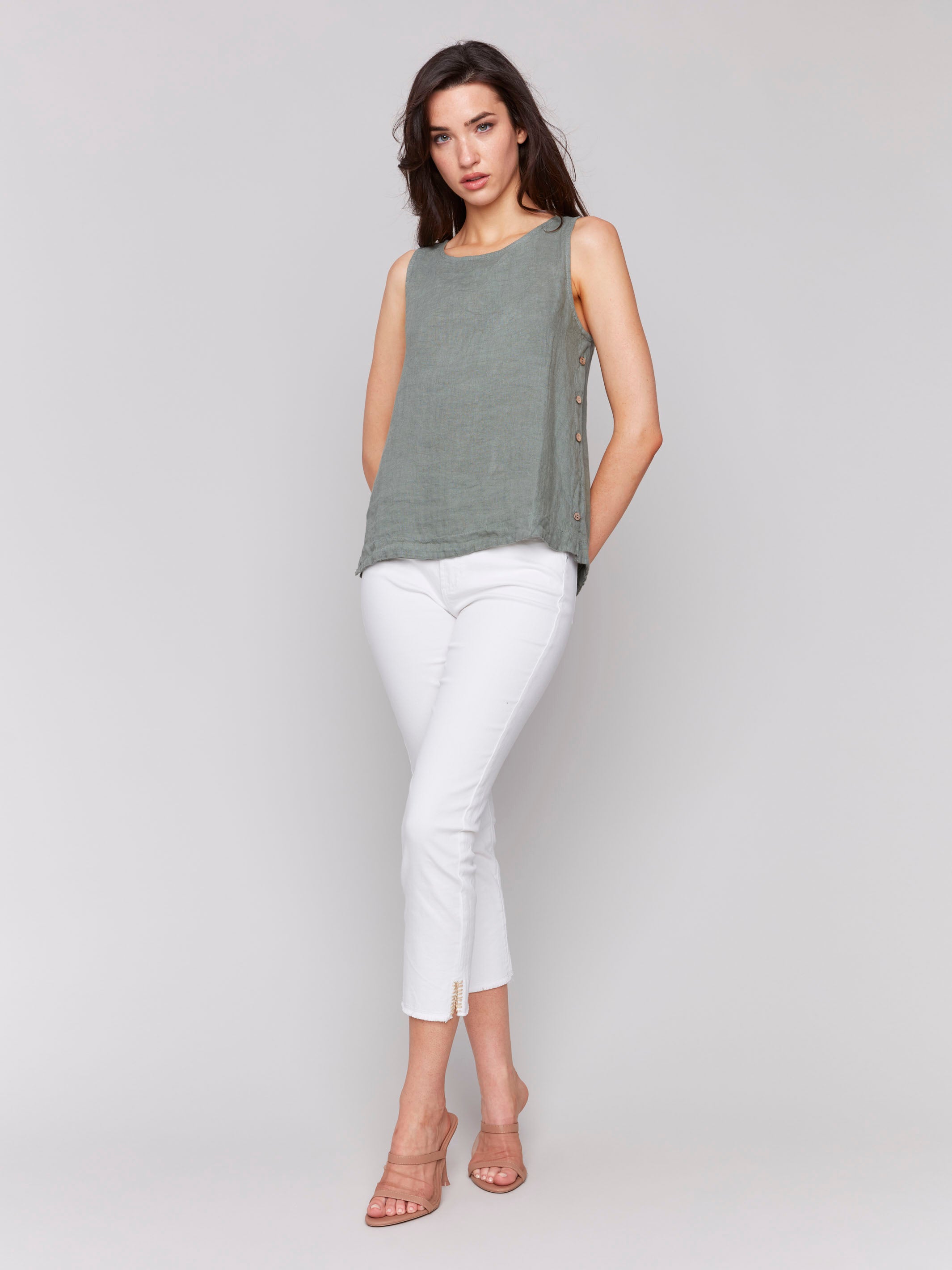 Linen tank top in celadon with a stylish crew neckline by Charlie B.