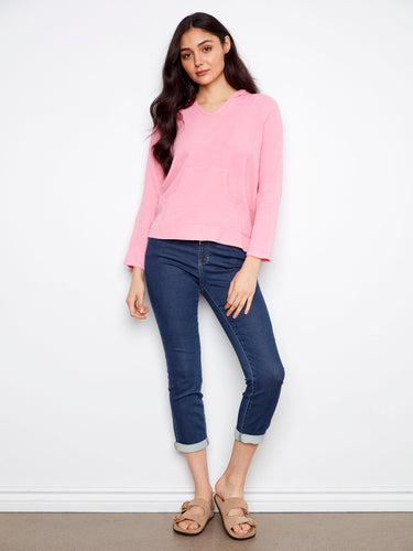 Soft pink hoodie in bubble cotton with a practical kangaroo pocket by Charlie B.