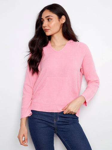 Chic pink hoodie crafted from bubble cotton, offering a stylish hooded design by Charlie B.