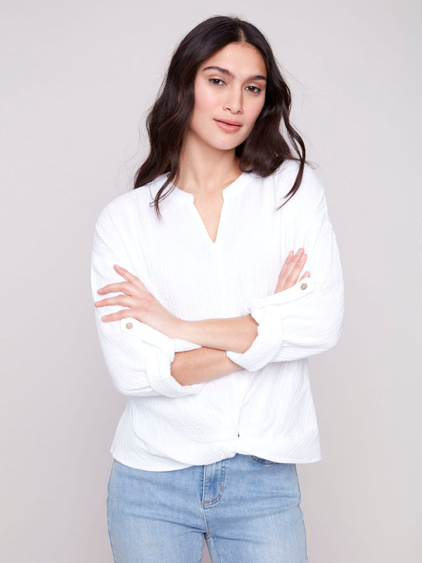 White bubble cotton blouse with mao collar, perfect for casual outings by Charlie B.
