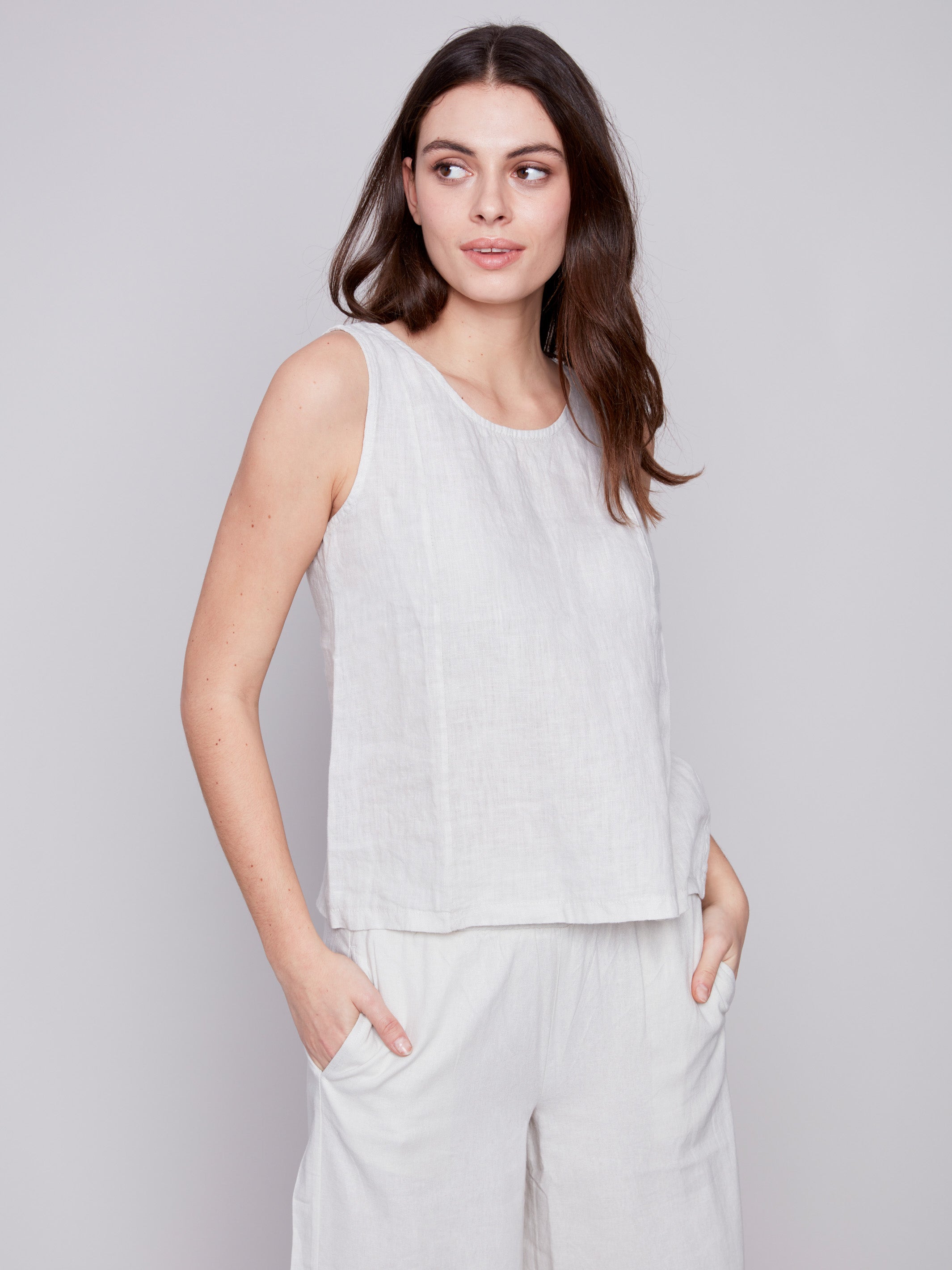 Sleeveless Linen Top with Slit - Natural