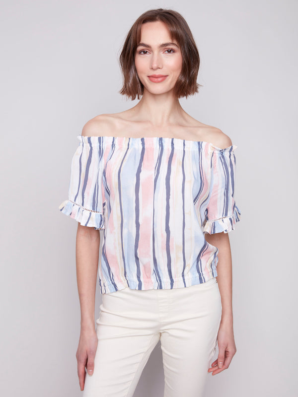 Elasticated neckline on a stylish striped blouse by Charlie B.