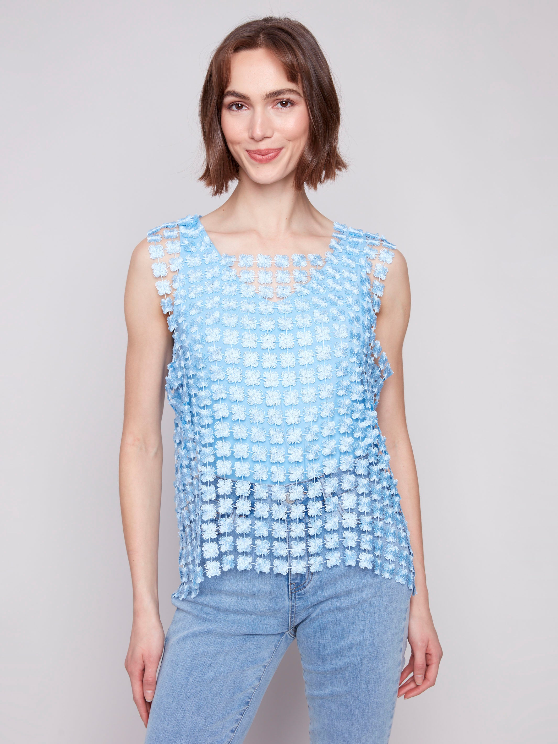 Charming bluebell crochet top with a unique floral texture by Charlie B.