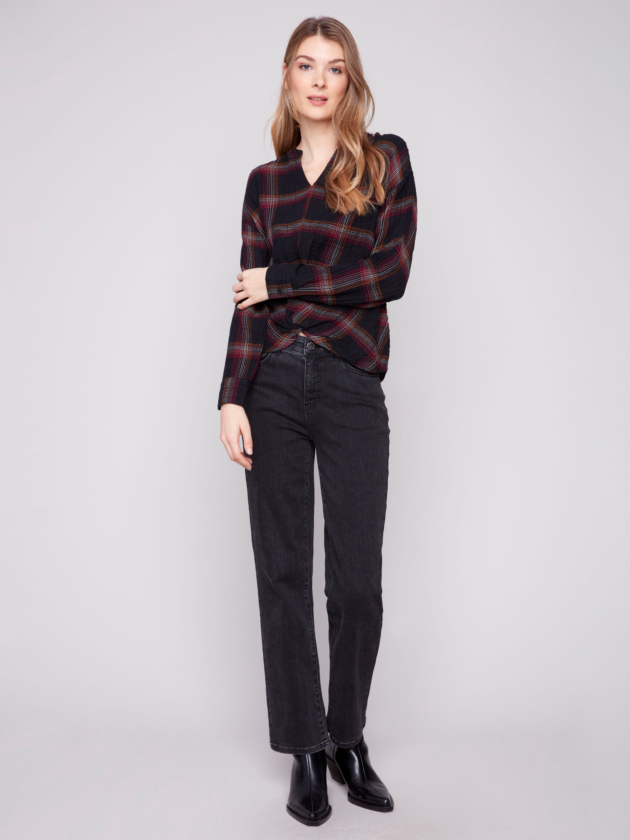 This fuchsia plaid blouse is crafted from double gauze fabric for added comfort and style by Charlie B.