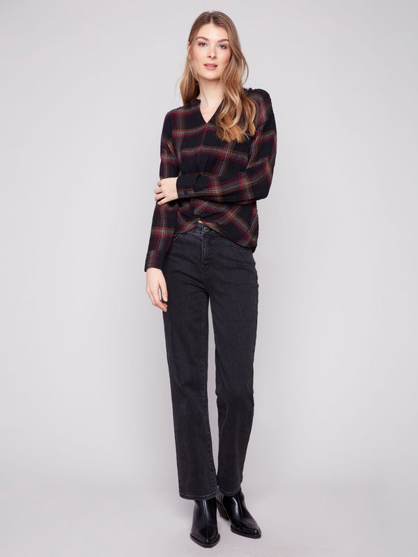 This fuchsia plaid blouse is crafted from double gauze fabric for added comfort and style by Charlie B.